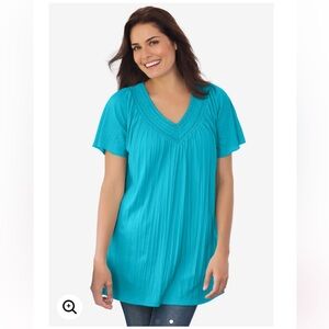 Short-Sleeve V-Neck Crinkle Tunic- Purple L